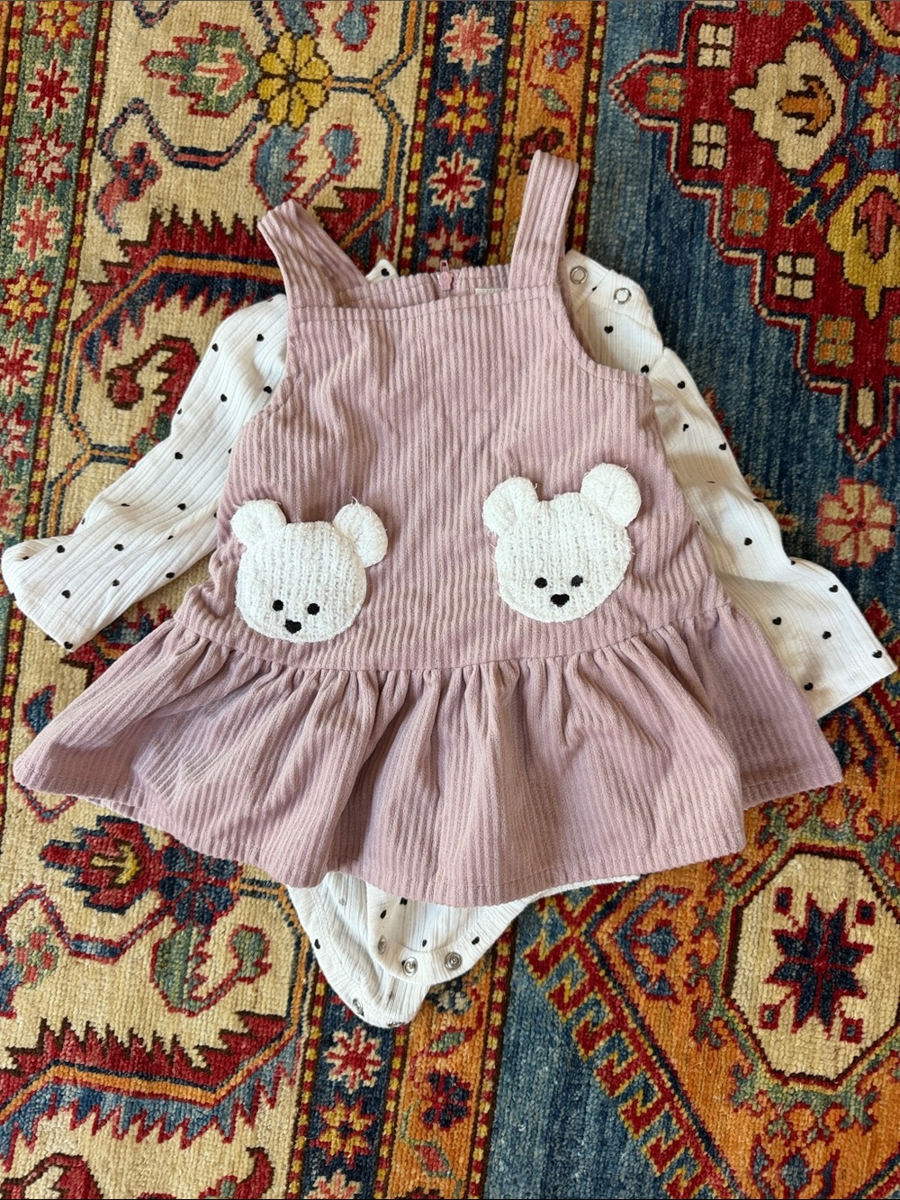 Rare Editions Dusty Pink Corduroy Dress & Polka Dot Bodysuit Set